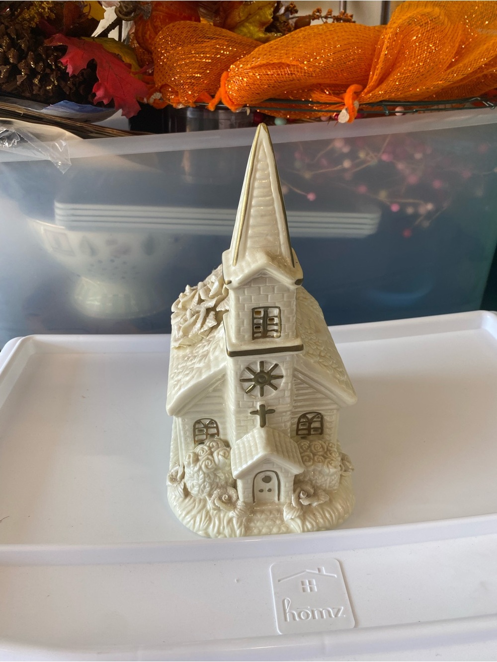 Cream Ceramic Church Figurine